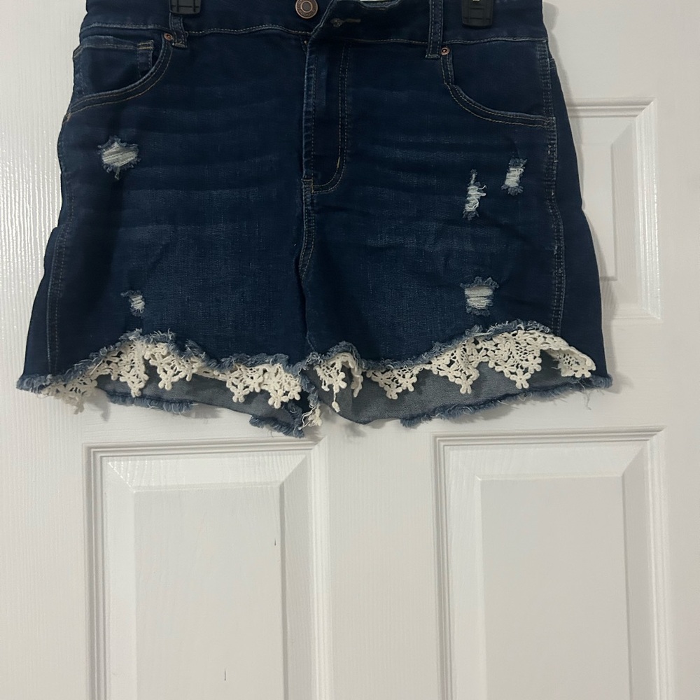 Maurices Dark Blue High Waist Denim Shorts with Lace Trim
